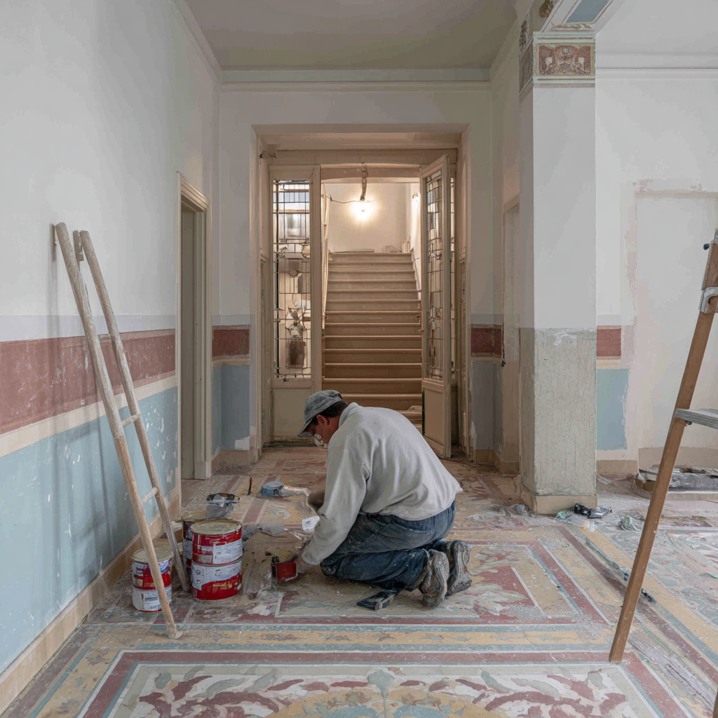Handwerker bei sorgfältiger Renovierungsarbeit