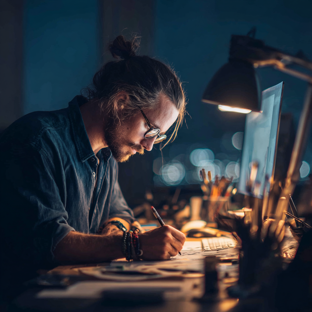 Handwerker plant Aufträge am Schreibtisch